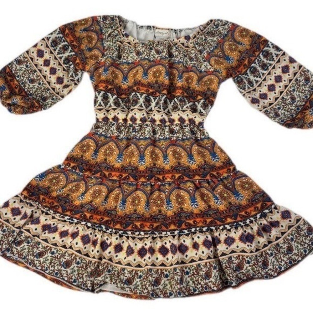 Soulmates Girl Paisley Tiered Dress Kids‎ 7 Multicolor Boho 3/4 Puff Sleeve